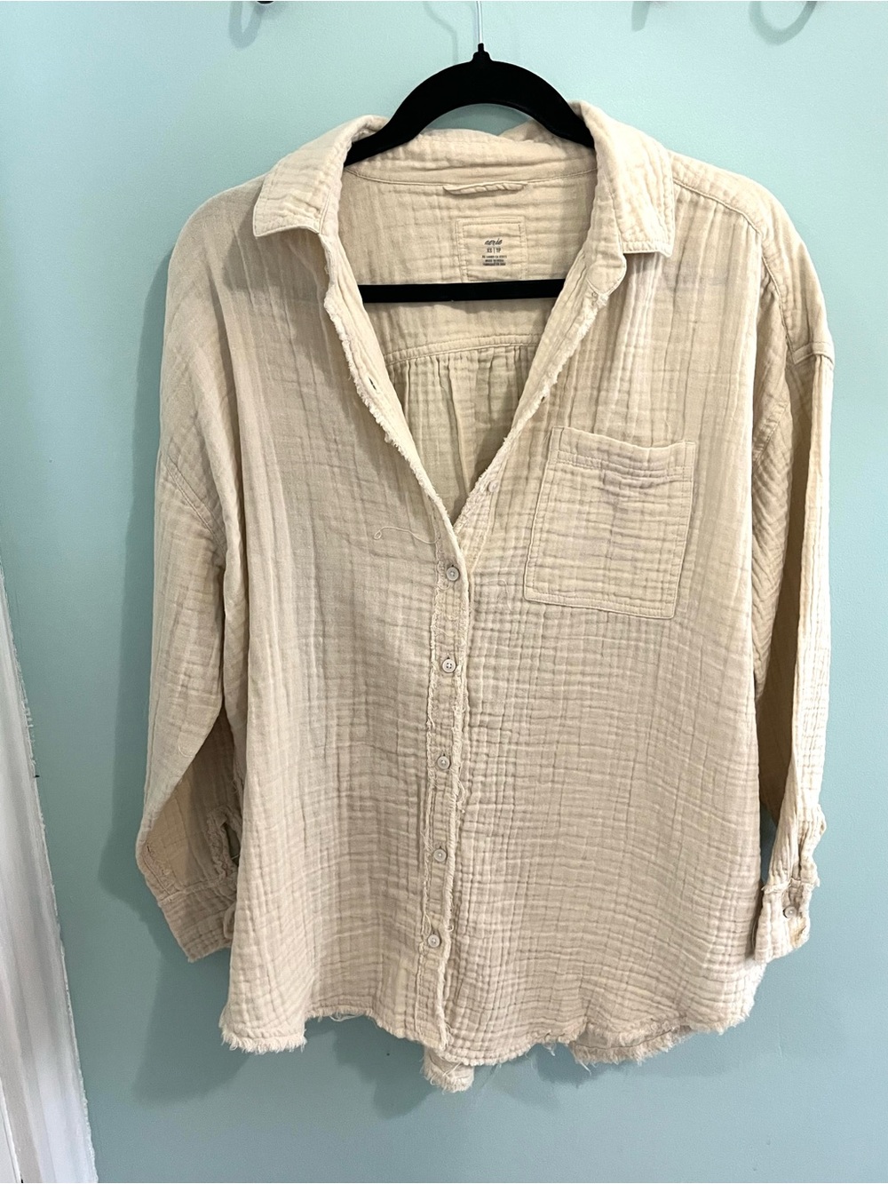 Aerie oversized gauze button-up with distressed hem
